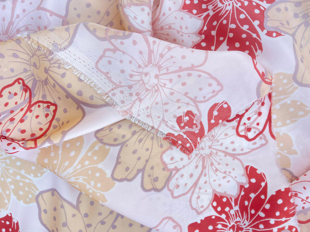 Lightweight  satin  fabric - Off white red yellow  floral print