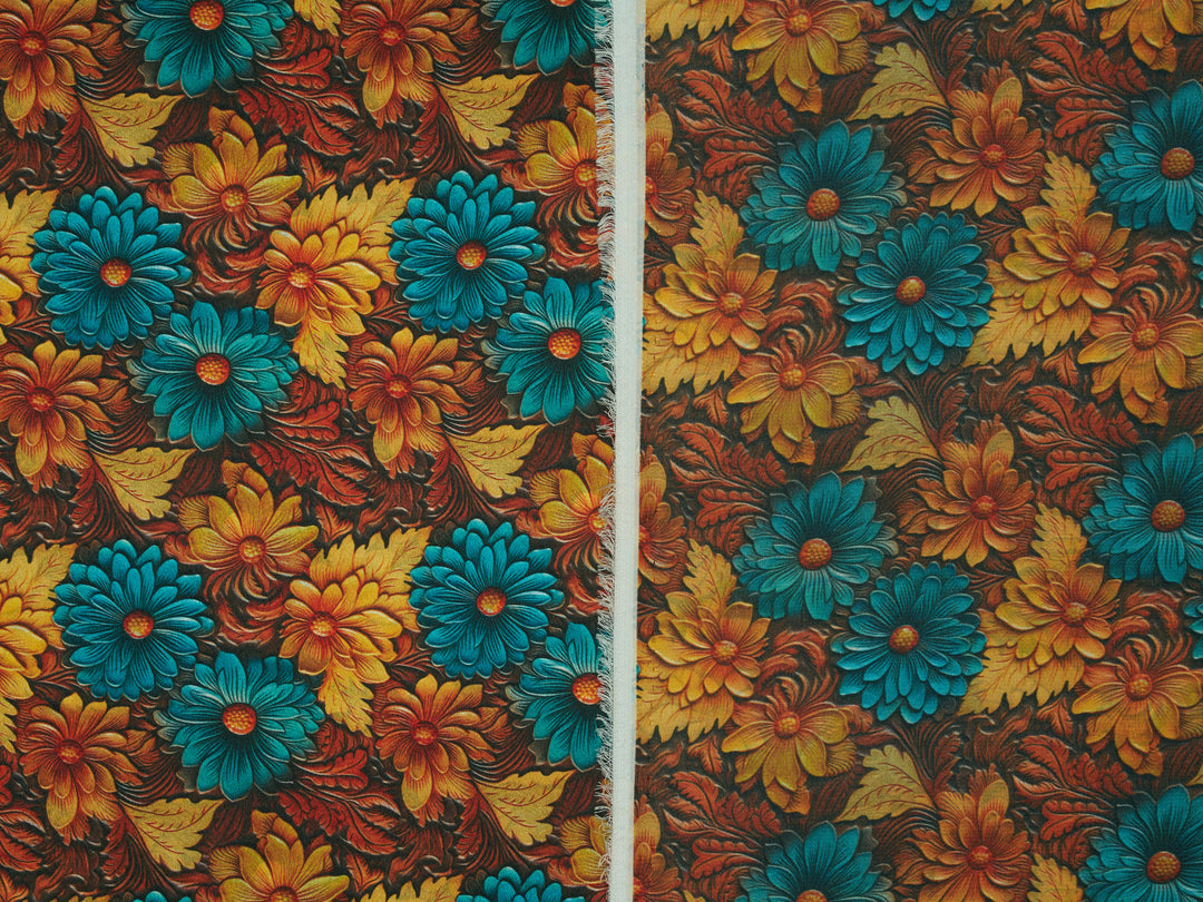 Tooled Sunflowers  - Silky Satin Charmeuse print - fabric by the yard -  double sublimation print