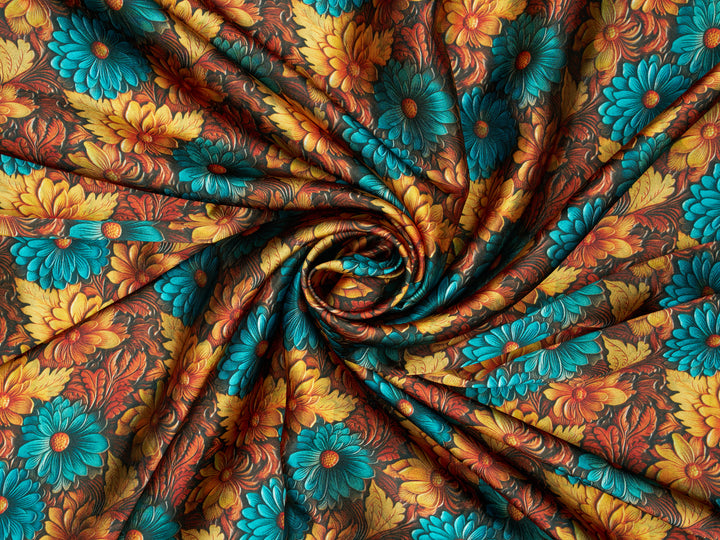 Tooled Sunflowers  - Silky Satin Charmeuse print - fabric by the yard -  double sublimation print