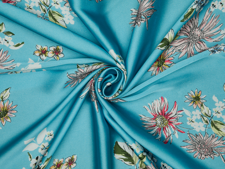 Lightweight  satin  fabric - Pink and white with blue tones    Floral    print