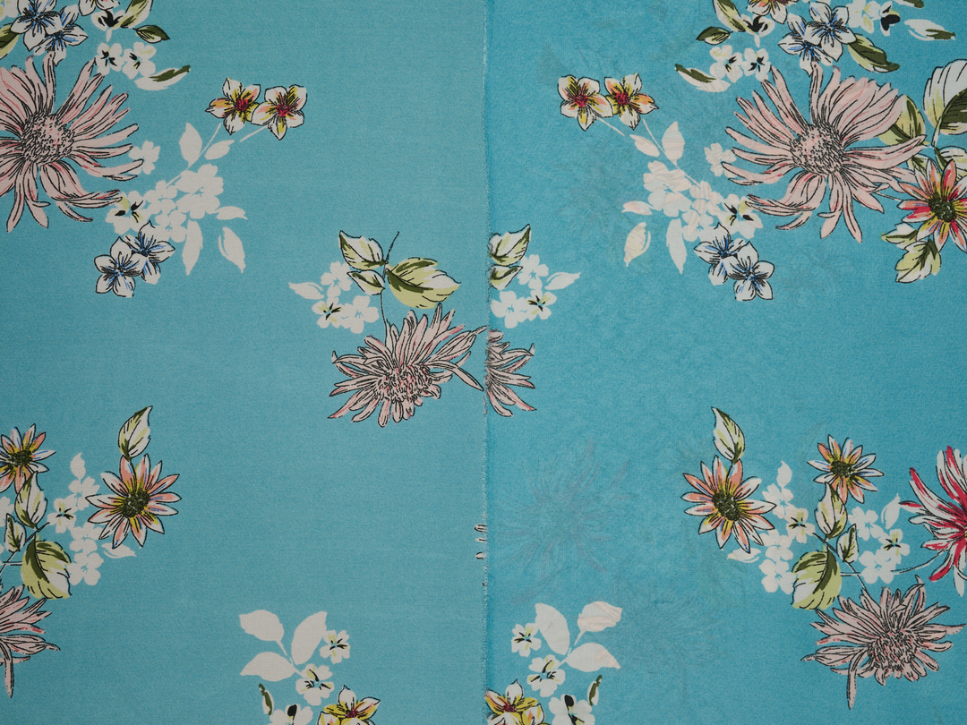 Lightweight  satin  fabric - Pink and white with blue tones    Floral    print