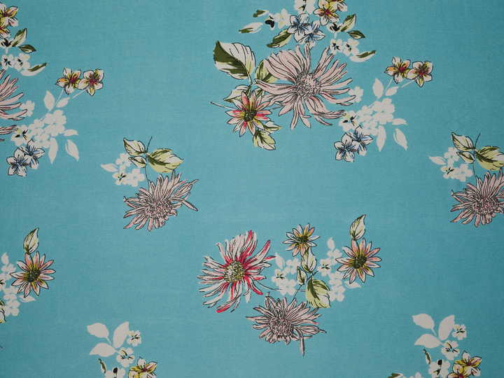 Lightweight  satin  fabric - Pink and white with blue tones    Floral    print