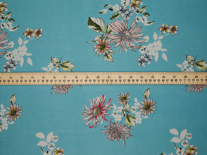 Lightweight  satin  fabric - Pink and white with blue tones    Floral    print