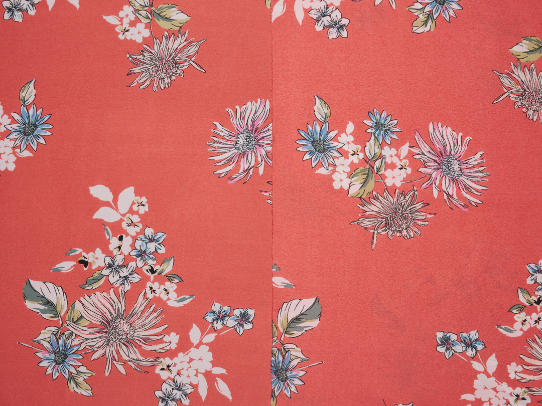 Lightweight  satin  fabric - Pink and white with blue tones    Floral    print