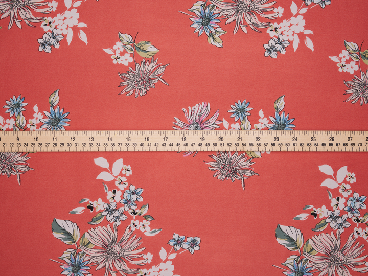 Lightweight  satin  fabric - Pink and white with blue tones    Floral    print