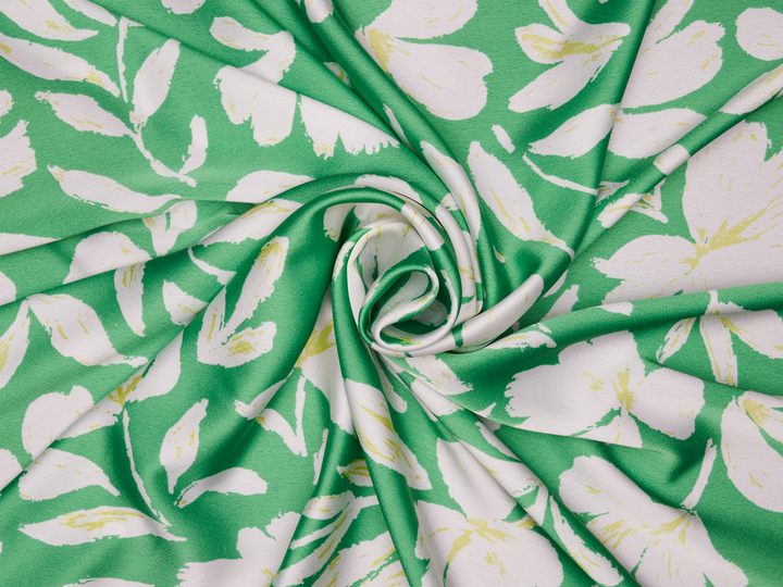 Lightweight  satin  fabric - White flowers on green    Floral    print