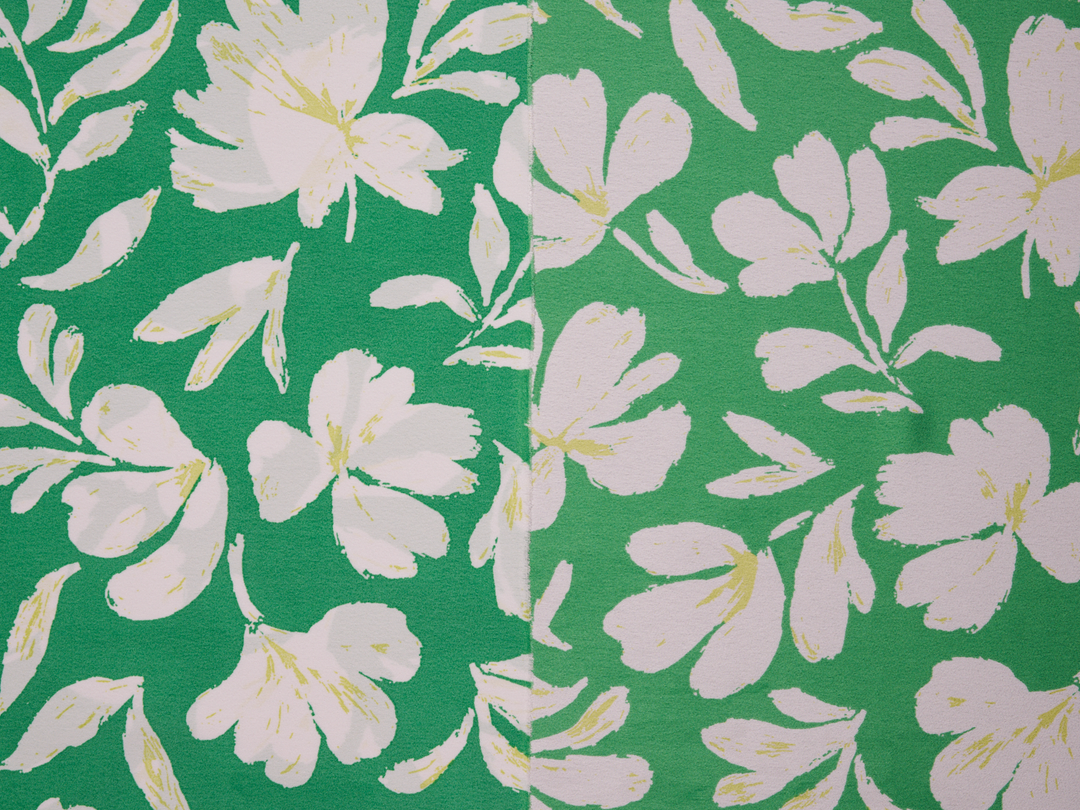 Lightweight  satin  fabric - White flowers on green    Floral    print