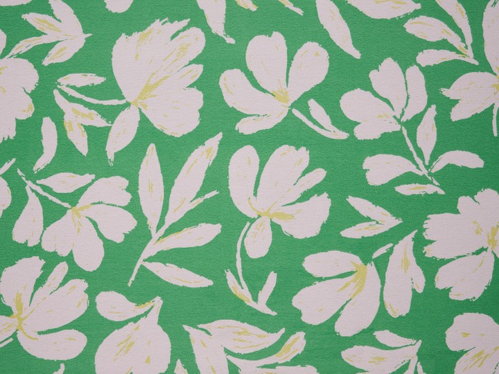 Lightweight  satin  fabric - White flowers on green    Floral    print