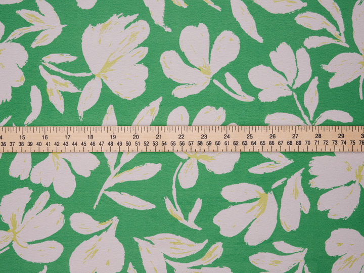 Lightweight  satin  fabric - White flowers on green    Floral    print