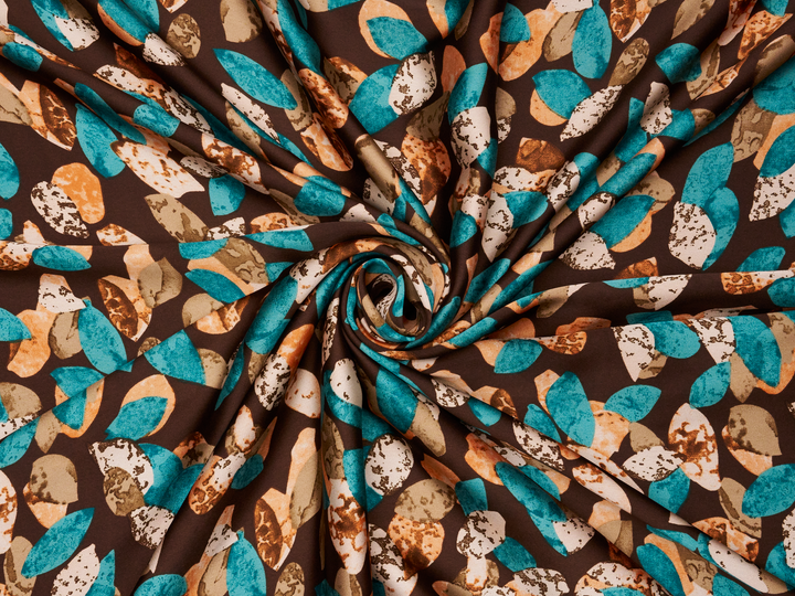 Lightweight  satin  fabric - Brown multi color dots print - teal mocha