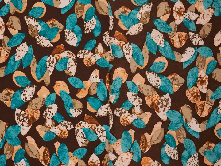 Lightweight  satin  fabric - Brown multi color dots print - teal mocha