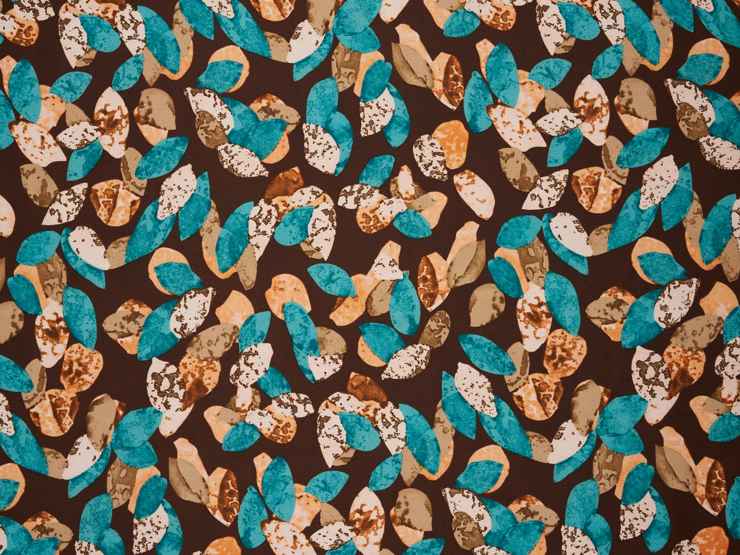 Lightweight  satin  fabric - Brown multi color dots print - teal mocha