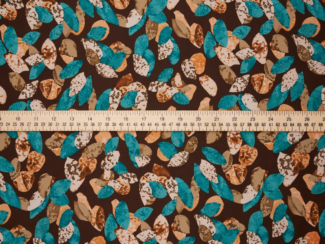 Lightweight  satin  fabric - Brown multi color dots print - teal mocha