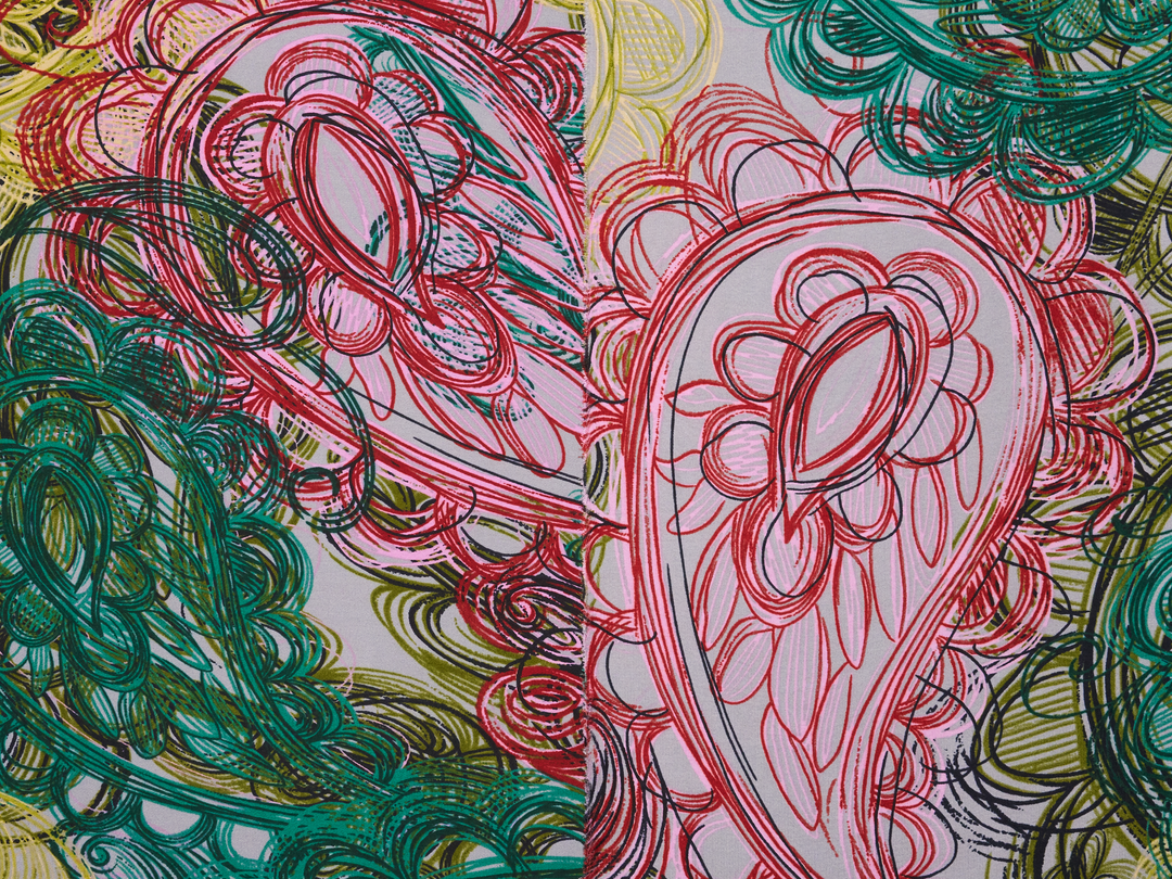 Lightweight  satin  fabric - Pink green  paisley print