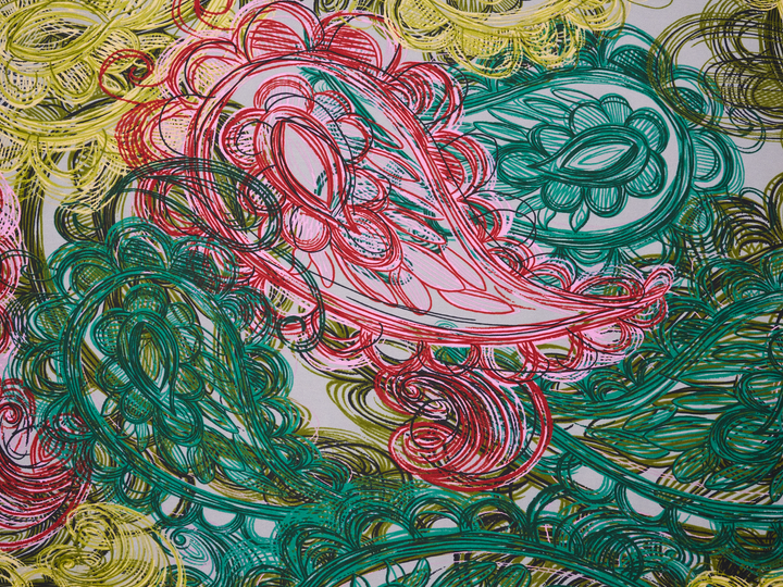 Lightweight  satin  fabric - Pink green  paisley print