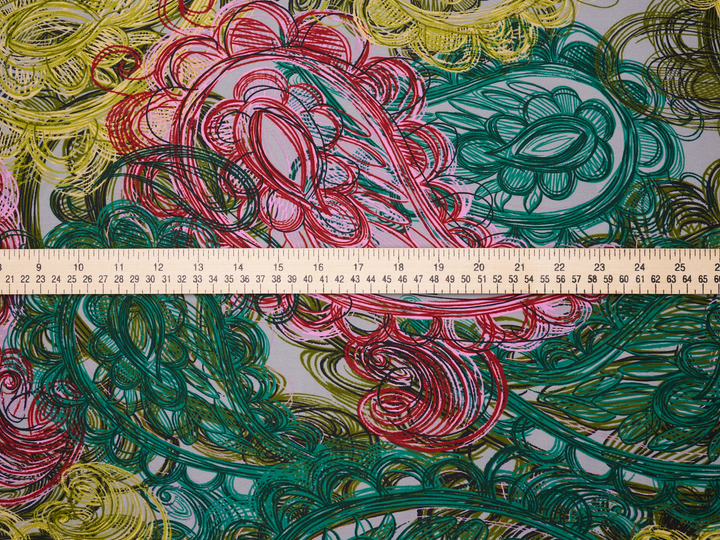 Lightweight  satin  fabric - Pink green  paisley print