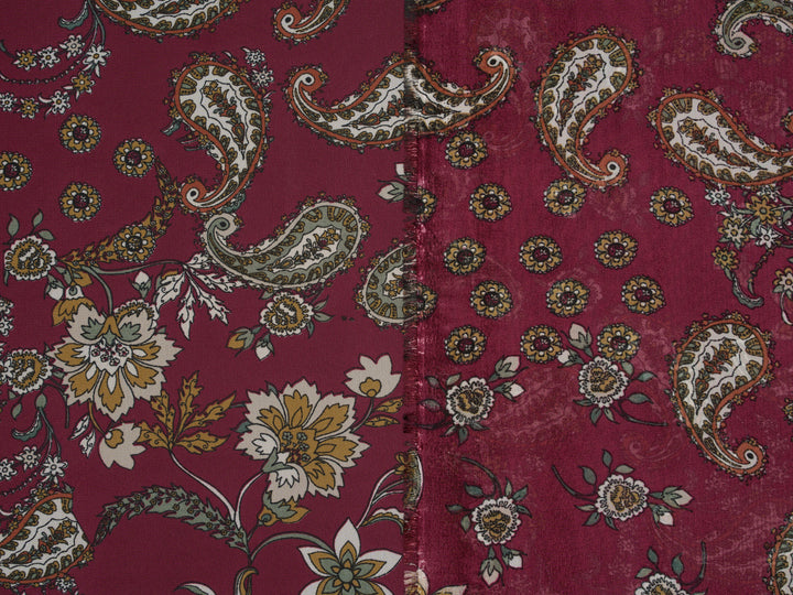 Chiffon fabric by the yard - Burgundy Paisley And Floral Print