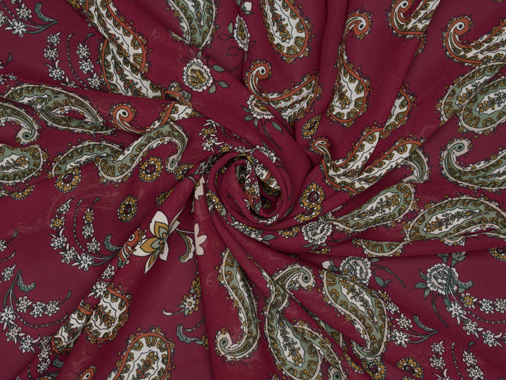 Chiffon fabric by the yard - Burgundy Paisley And Floral Print