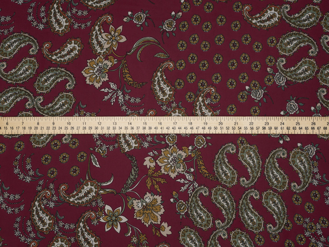Chiffon fabric by the yard - Burgundy Paisley And Floral Print