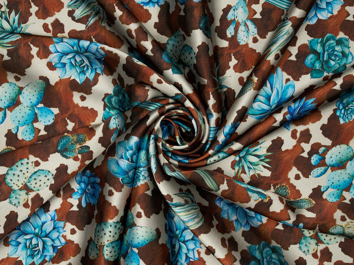 Cowhide  And Cactus Silky Satin Charmeuse print - fabric by the yard -   Sublimation print