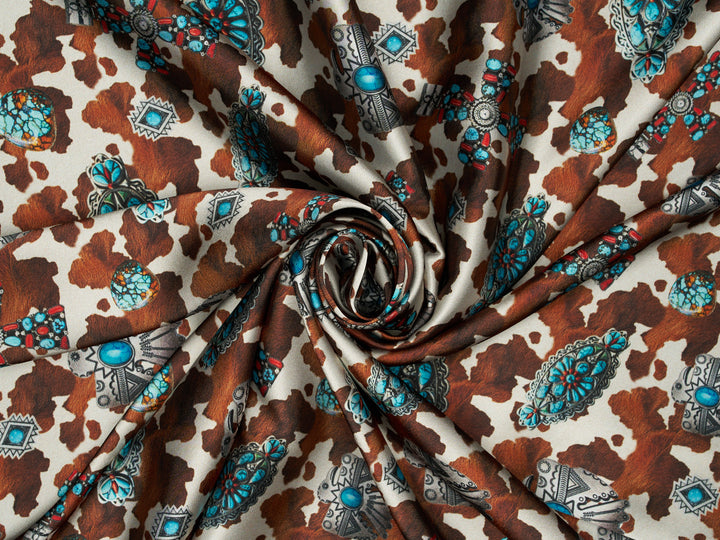 Cowhide  And Conchos Silky Satin Charmeuse print - fabric by the yard -   Sublimation print