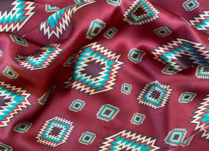 Western Burgundy and Teal Tribal  Satin Charmeuse Fabric by the Yard – Silky Cowboy Wild rag  Shirt Fabric