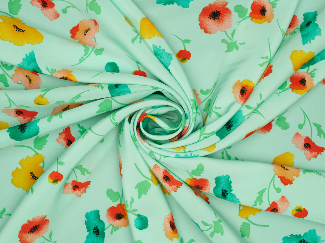 Peachskin  fabric by the yard - Teal yellow and orange floral