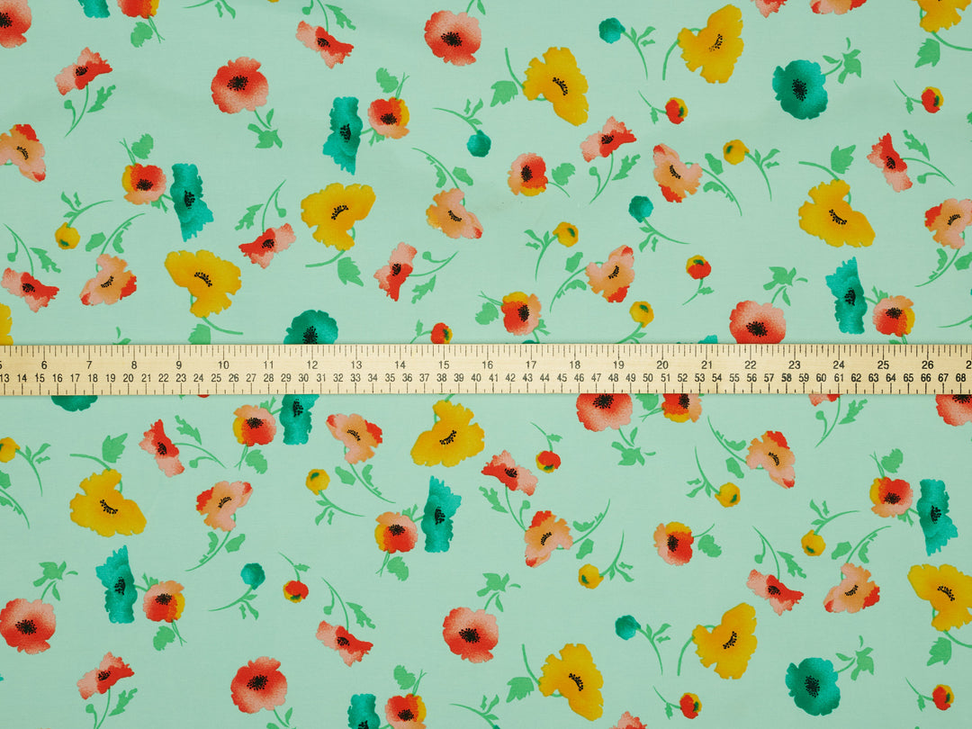 Peachskin  fabric by the yard - Teal yellow and orange floral