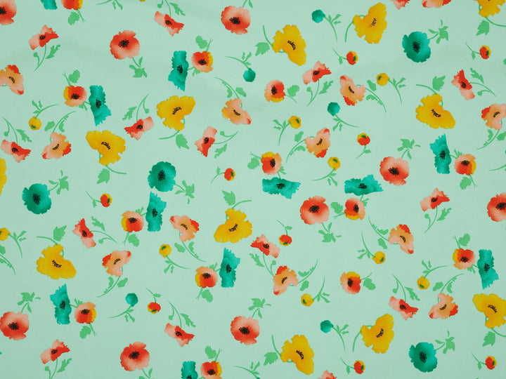 Peachskin  fabric by the yard - Teal yellow and orange floral