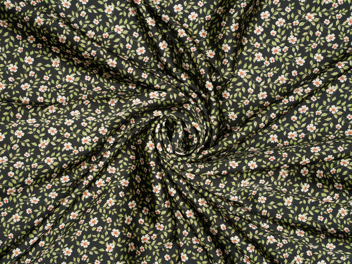 Silky Satin  Lightweight   Fabric - Dainty Floral On Black