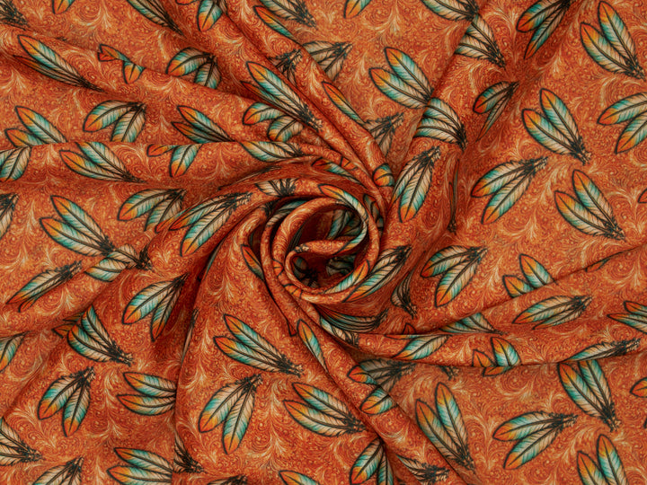 Feathers - Rusty Orange  - Silky Satin Charmeuse print - fabric by the yard -  double sublimation print