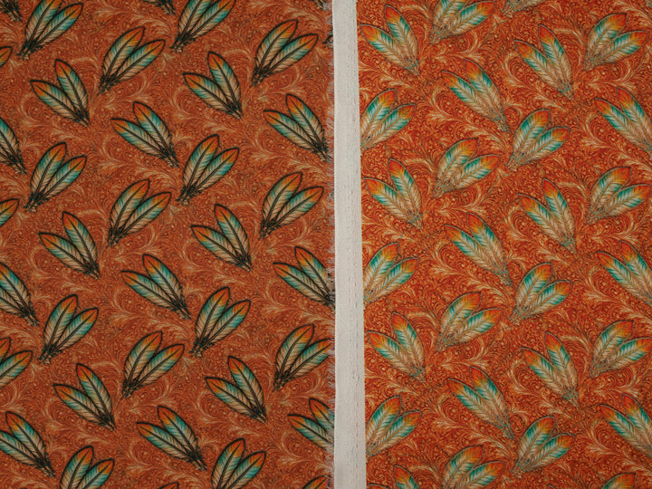 Feathers - Rusty Orange  - Silky Satin Charmeuse print - fabric by the yard -  double sublimation print