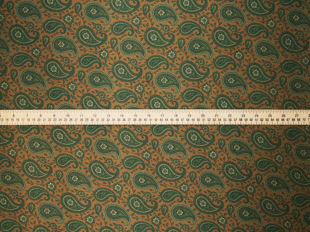 Green Tan  Paisley   - Silky Satin Charmeuse print - fabric by the yard -  double sublimation print