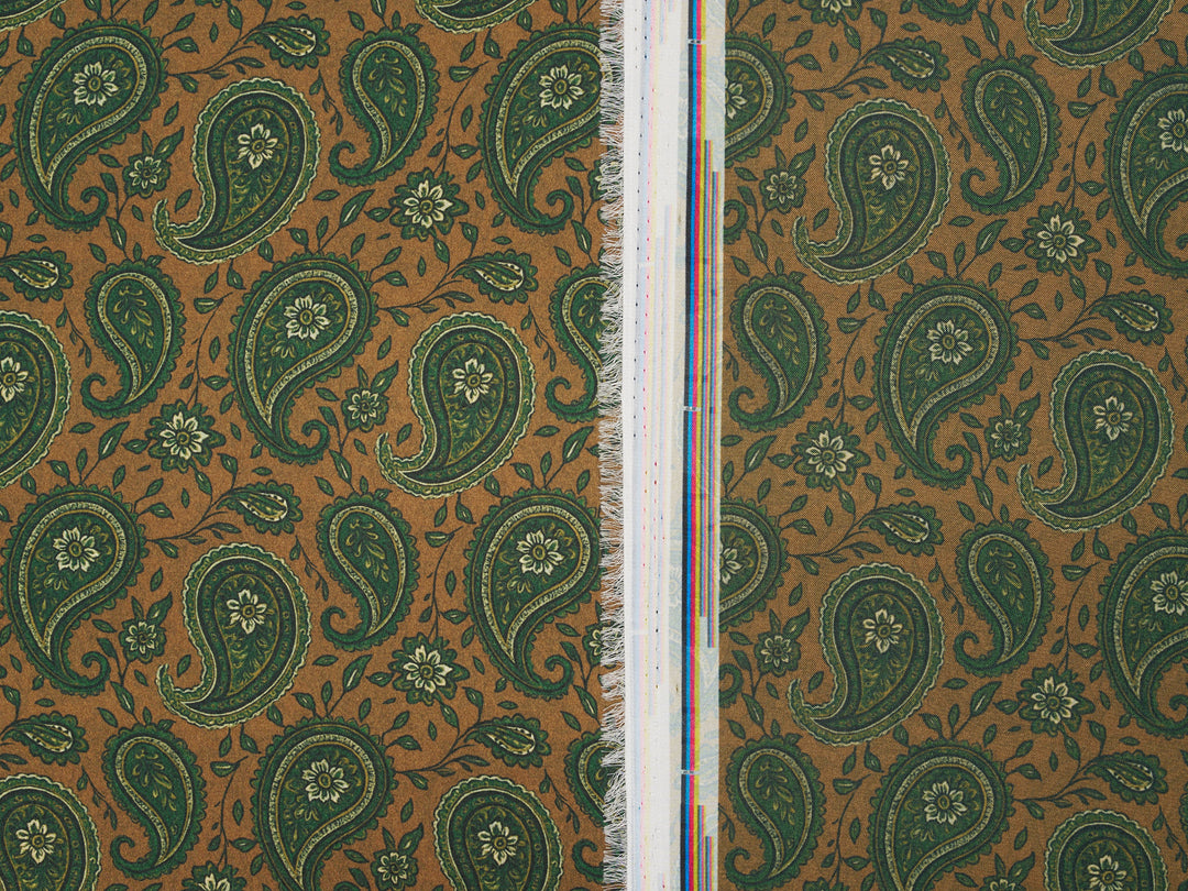 Green Tan  Paisley   - Silky Satin Charmeuse print - fabric by the yard -  double sublimation print