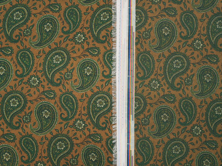 Green Tan  Paisley   - Silky Satin Charmeuse print - fabric by the yard -  double sublimation print