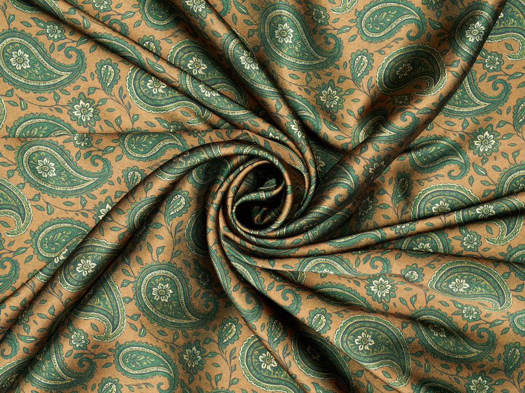 Green Tan  Paisley   - Silky Satin Charmeuse print - fabric by the yard -  double sublimation print