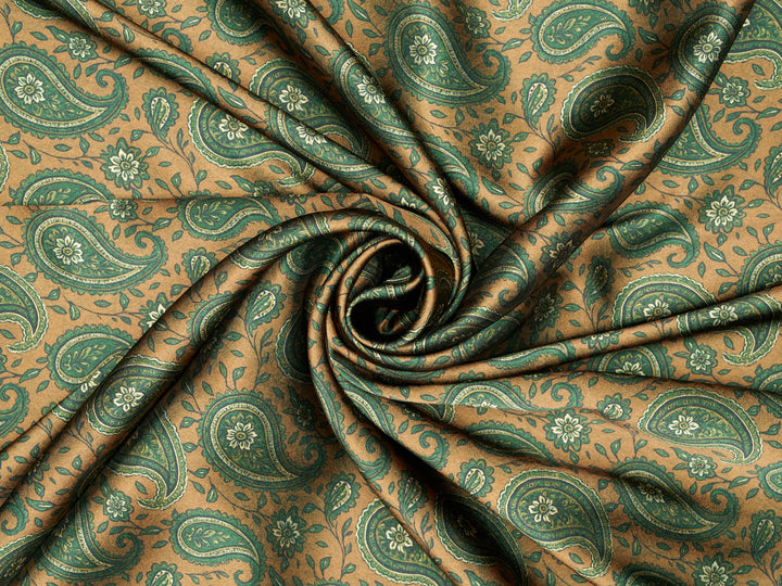 Green Tan  Paisley   - Silky Satin Charmeuse print - fabric by the yard -  double sublimation print