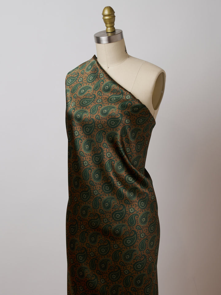 Green Tan  Paisley   - Silky Satin Charmeuse print - fabric by the yard -  double sublimation print