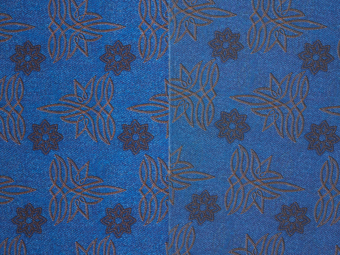 Charmeuse Satin  fabric by the yard -    Denim medallion     print