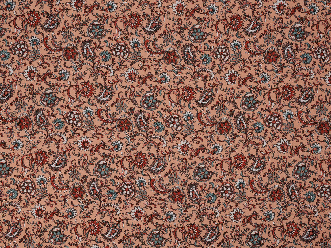 Georgette  Fabric By The Yard - Light Coral Brick Paisley Bohemian   Print