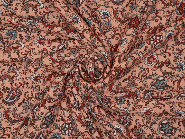 Georgette  Fabric By The Yard - Light Coral Brick Paisley Bohemian   Print