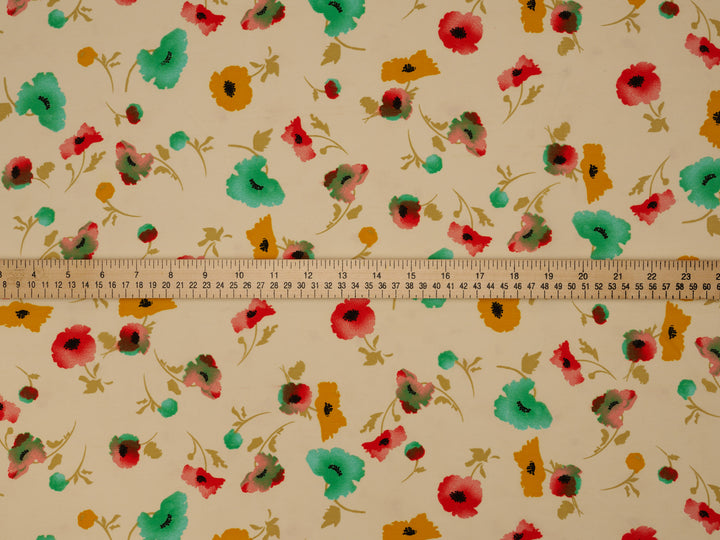 Peachskin  fabric by the yard - Ivory Teal Red  Florals