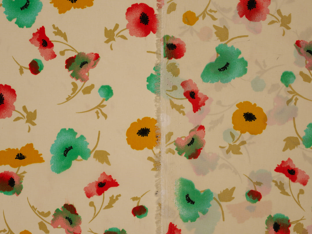 Peachskin  fabric by the yard - Ivory Teal Red  Florals