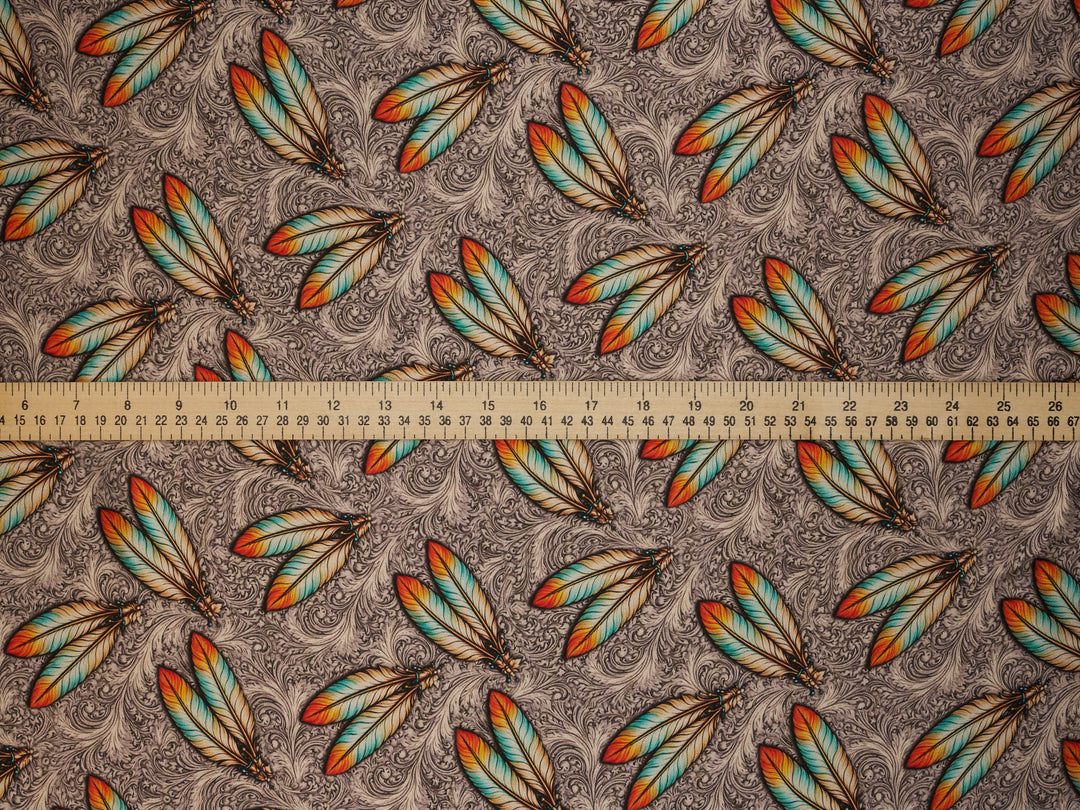 Feathers - Gray Orange - Silky Satin Charmeuse print - fabric by the yard -  double sublimation print