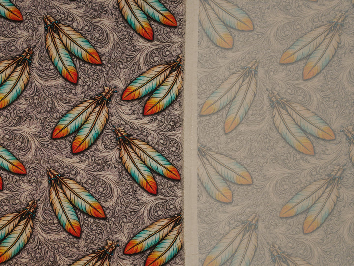 Feathers - Gray Orange - Silky Satin Charmeuse print - fabric by the yard -  double sublimation print