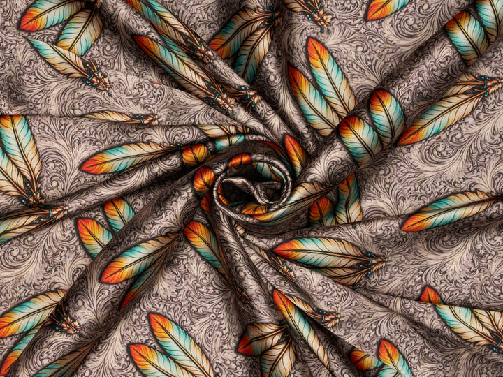 Feathers - Gray Orange - Silky Satin Charmeuse print - fabric by the yard -  double sublimation print