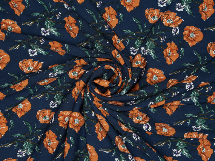 Woolpeach  fabric by the yard - Rusty Orange Flowers On Navy