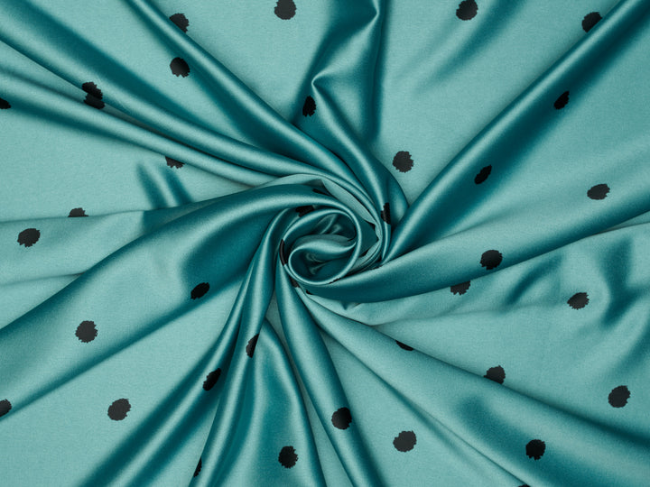 Black Dots on Turquoise   print - Faux silk Satin  charmeuse fabric by the yard