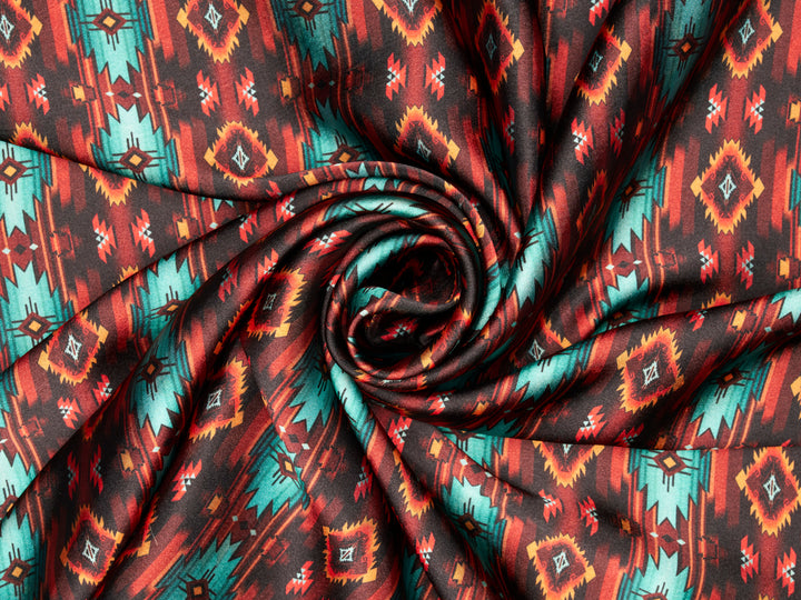 Charmeuse Satin double  sublimation  fabric by the yard -   Turquoise brown aztec tribal print