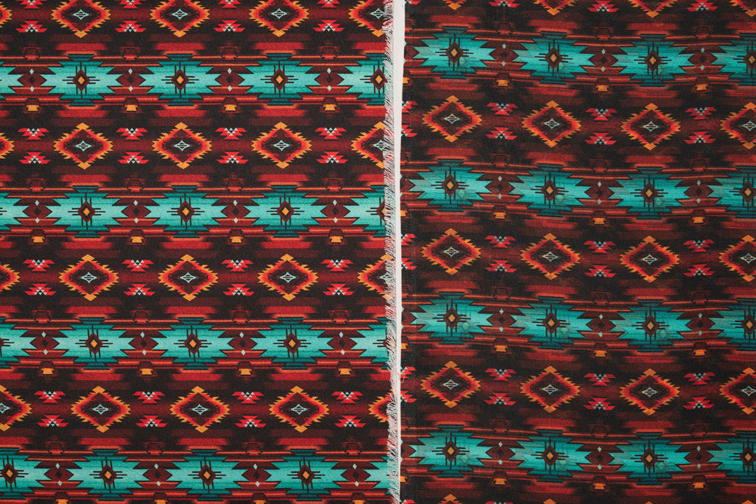 Charmeuse Satin double  sublimation  fabric by the yard -   Turquoise brown aztec tribal print